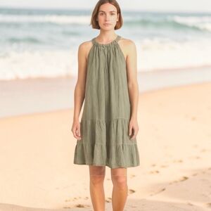 Bellambra 100% Linen Tiered Mini Dress Olive Green Women's Size MEDIUM
